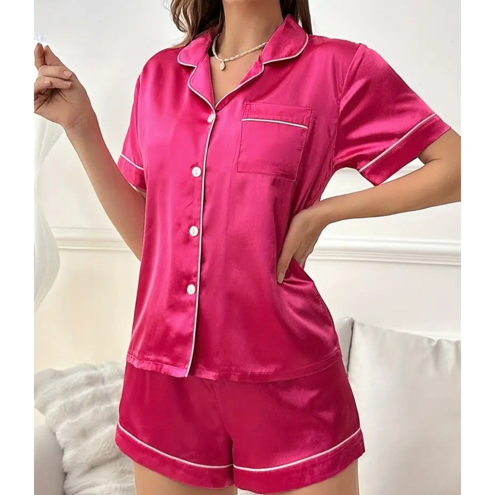 Satin Pajama Set Top Shorts Hot Pink White Trim Short Sleeve Button Loung L/XL